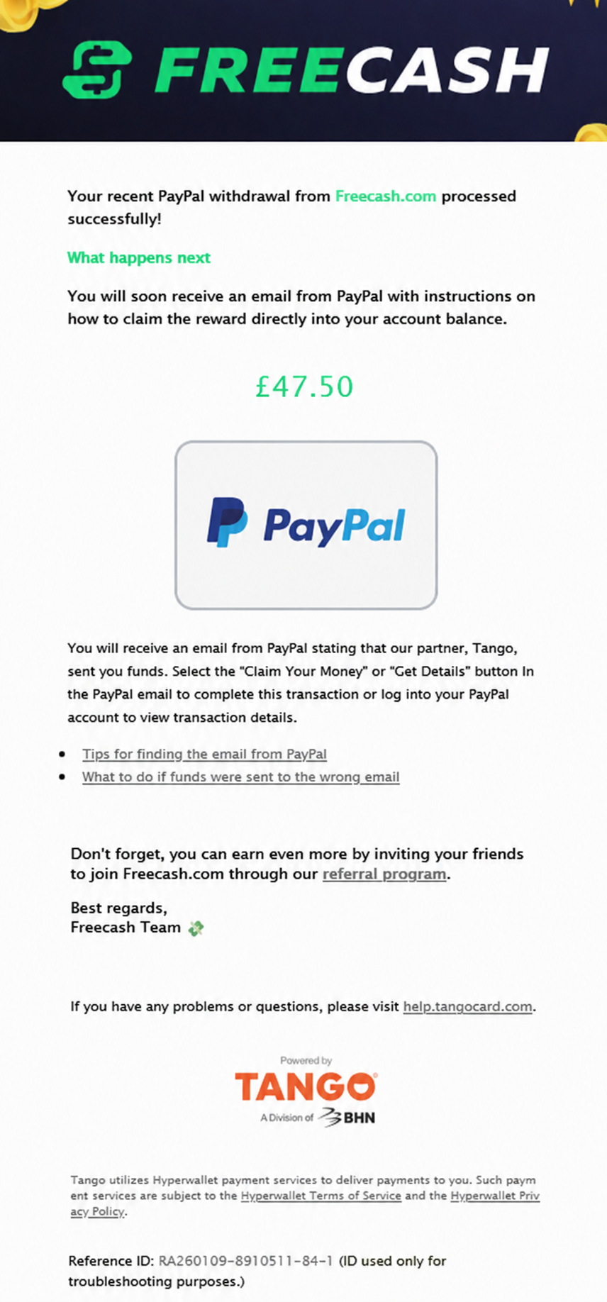 Freecash withdrawal confirmation
